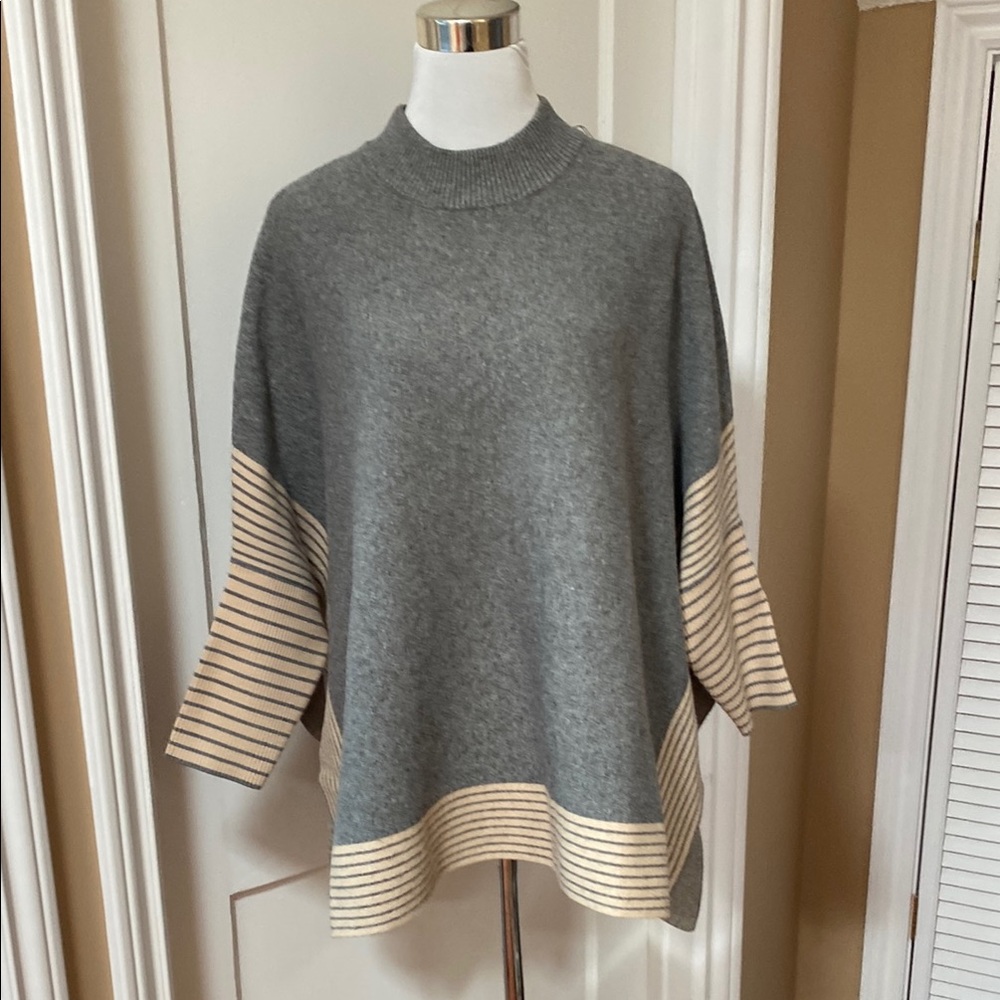 Cream and Gray Striped Sleeve Cozy Sweater